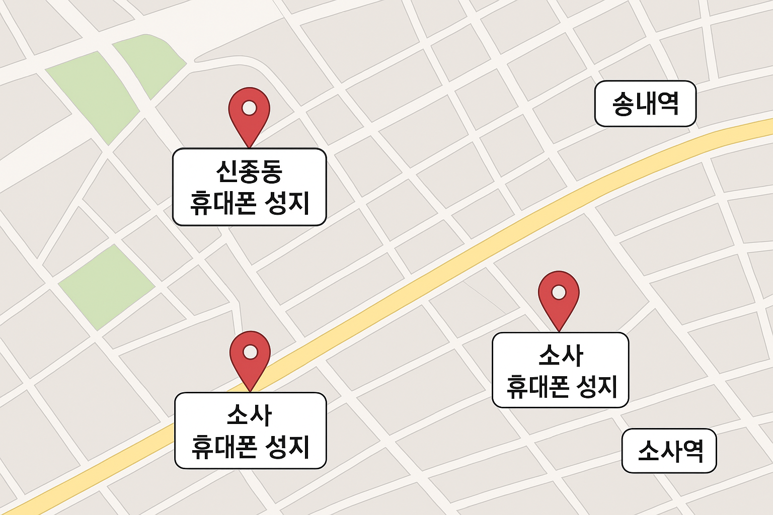 부천 성지 위치 지도 신중동, 송내, 소사역 좌표 표시